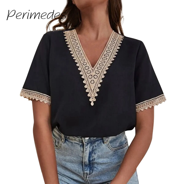 Camisetas Women'S Tees Summer New Short Sleeve Tee Shirts V-Neck Lace Trims Daily Casual Solid Color Fashionable Top 2024