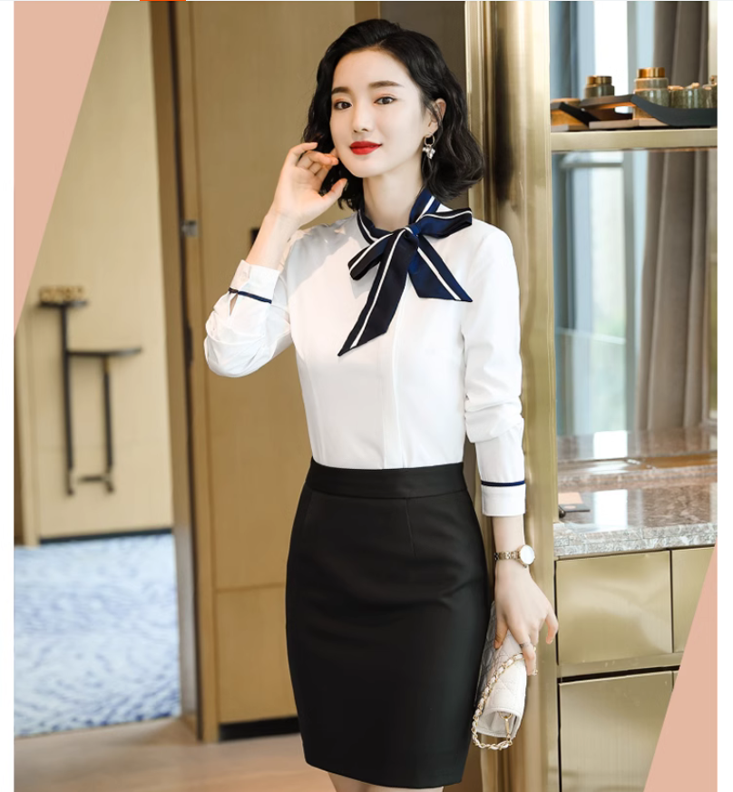 Autumn long sleeved bow standing collar shirt for women's white fashionable and stylish work clothes