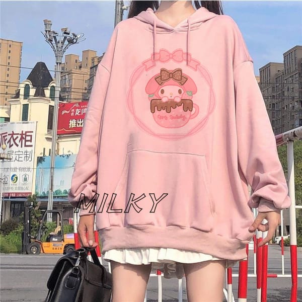 Funny My melody Pink Hoodie Women's Fashion Loose Casual Long sleeved Harajuku Pullover Street Trend Sweatshirt Sportwear 2024