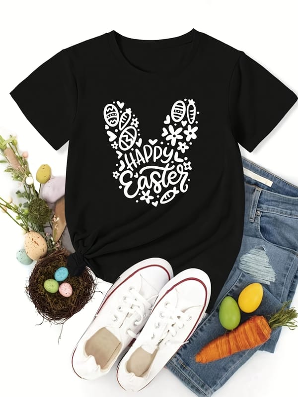 Easter Rabbit Graphic Short Sleeves Sports Tee, Round Neck Workout Causal T-shirt Top, Women's Activewear
