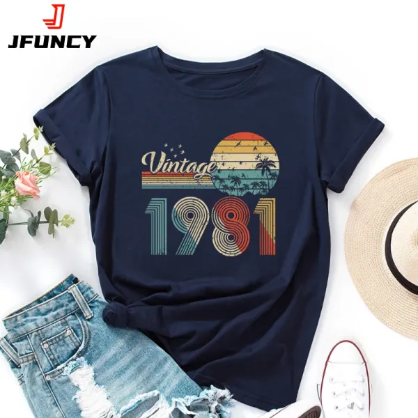 JFUNCY Oversize Cotton Women's T-shirt Letter 1981 Graphic T Shirts Short Sleeve Top Women Summer Tshirt 2024 Female Tee Clothes