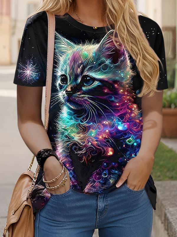 Plus Size 3D Cat Print T-Shirt, Casual Crew Neck Short Sleeve T-Shirt, Women's Plus Size Clothing