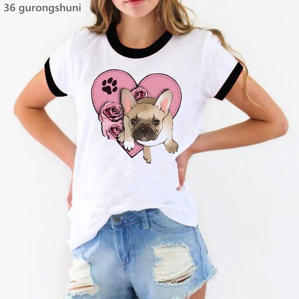 France Bulldog Love Pink Rose Print T-Shirt Women'S Clothing Funny White Tshirt Femme Harajuku Kawaii T Shirt Female Streetwear