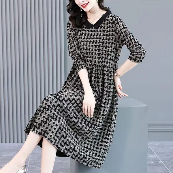 Women's Autumn Winter New Fashion Minimalist Polo Collar Houndstooth Temperament Versatile Long Sleeved Loose Mid Length Dress