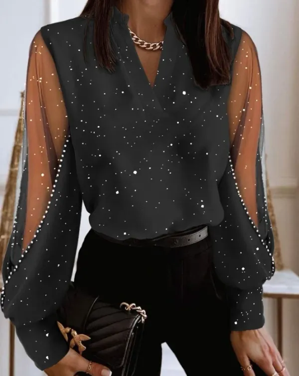 Casual Women's Tops Glitter Sheer Mesh Patchwork Top Fashion Blouses 2024 Autumn New Versatile Tee Female Pullover Women Clothes