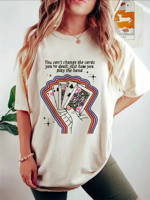 Short Sleeved Trendy 90s Clothing Women's Fashion Summer Printed Watercolor Style Playing Card Pattern Top Clothing T-Shirt.