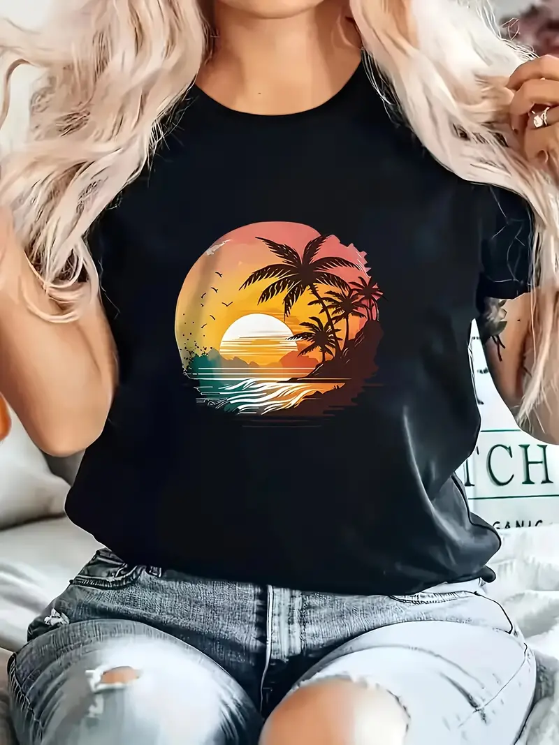 Sunset Beach PalmTree Women t shirt Summer Fashion Short sleeved T-shirt Tee Tops Printed O-neck Casual T-shirt Women's Clothing