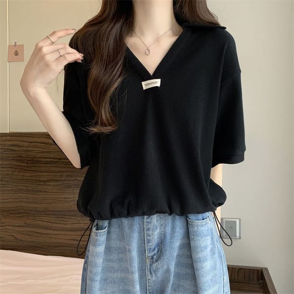 Port Wind Short Sleeve T-shirt Summer 2024 New PatternWomen's Clothing Korean Loose Polo-Neck Women's Clothing Shirring Tops