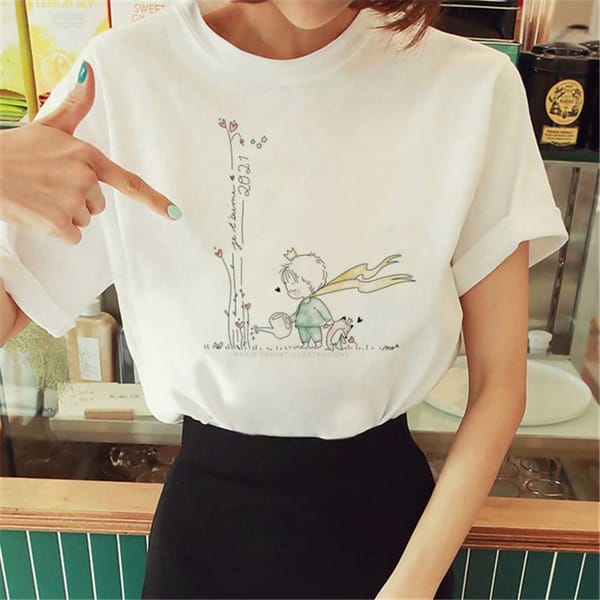 Hot Summer Little Prince Pattern Women's T-Shirt Little Prince Watering Pattern Comic Short Sleeve Round Neck T-Shirt