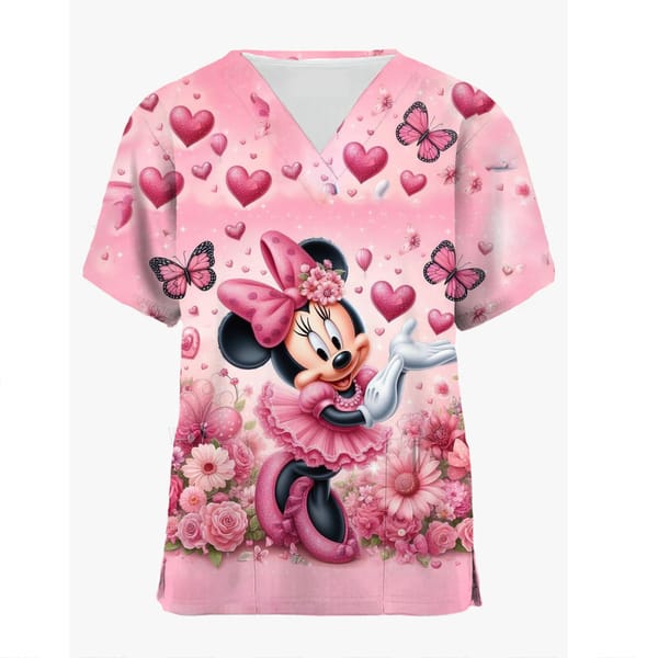 2024 Disney Pocket Hospital Woman Clothes Nurse Uniform Tees Women's T-shirts Mickey Top Women V Neck T-shirt Minnie Mouse Tops