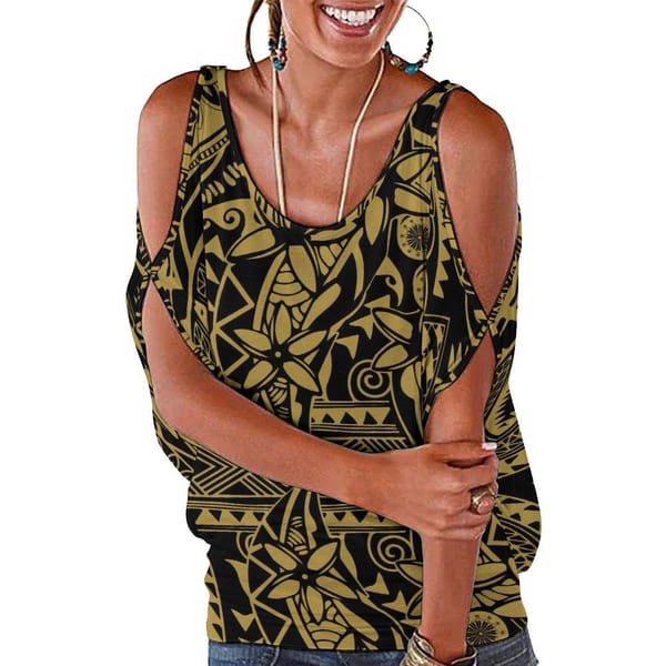Wholesale Custom Pacific Island Summer Women'S Top Off-The-Shoulder Design Sexy Casual Short Sleeve Custom Polynesian Print