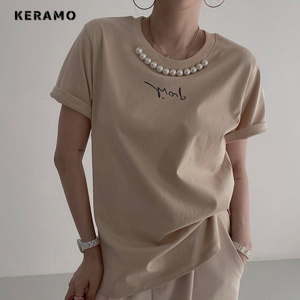 2024 Summer Korean Letter Print Short Sleeve Round Neck Casual T-Shirts Women's Fashion Basics Tees Slim Fit Beading Top