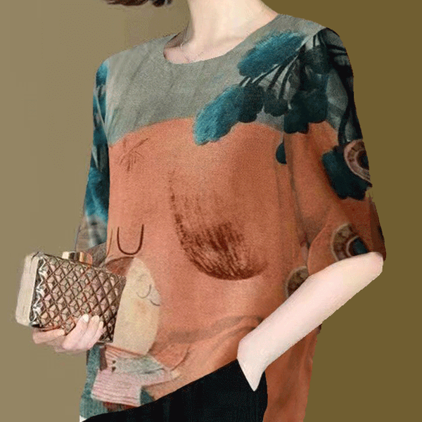 2024 New Summer Retro Elegant Fashion Office Lady Loose Casual Women's Clothing Irregular Print O Neck Short Sleeve Y2K Tops