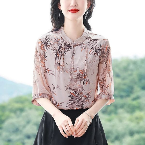 Chinese Style Summer Women's 2024 New Patchwork O-Neck Button Printing Fashion Slim Comfortable Casual 3/4 Sleeve Blouses Shirts