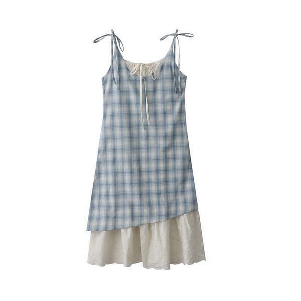 Sweet Gentle Small Fresh Lace Spliced Fake Two-piece Plaid Camisole Dress Women's Summer Off-shoulder Slim Long Sling Dresses