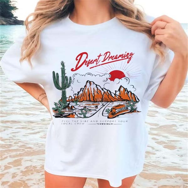 Trendy Women's Desert Dreaming Vector Graphic for T-Shirt Short Sleeved Casual T-Shirt Summer Clothing Print Pattern T-Shirt.