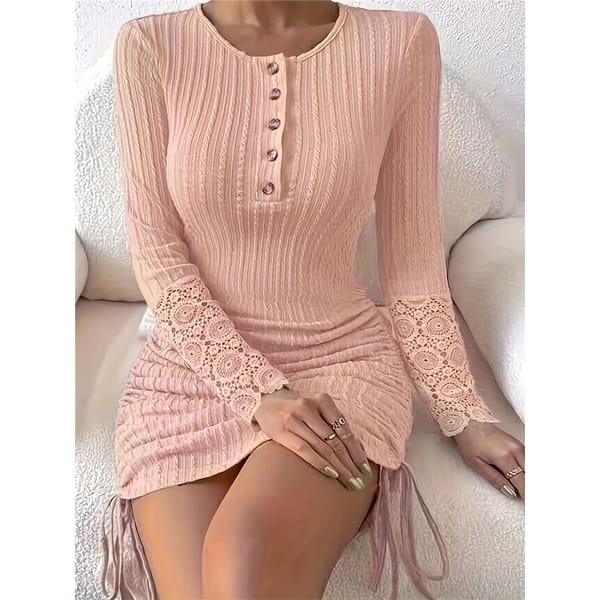 Autumn and Winter New Fashion Versatile Temperament Women's Clothing Splice Buttons Round Neck Long Sleeved Solid Color Dress