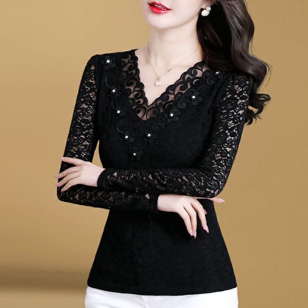 2023 New Autumn Fashion Pullover V-Neck Lace and Diamond Long Sleeve Temperament Commuter Hollow Out Women's Comfortable Top
