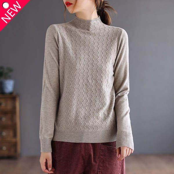 Korean Version Versatile Temperament Women's Clothing Autumn and Winter New Half High Collar Long Sleeve Solid Color Pullover