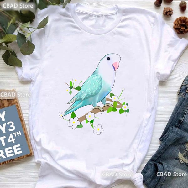 Cockatoo Parrot Camera Print Tshirt Girls Kawaii Birds Flowers T Shirt Women'S Clothing Summer Short Sleeve T-Shirt Female Tops