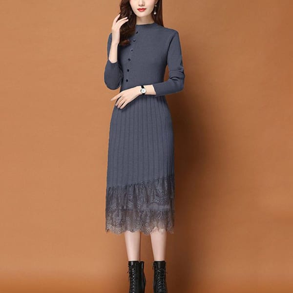 Velvet and Thickened Winter Women's Solid Color Half High Neck Lace Lace Knitted Long Sleeved Dress Multi Color Casual Dress