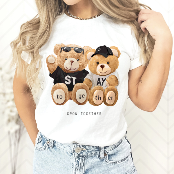 T-Shirt Top Fashionable Women's Casual Cute 90s Short Sleeved Clothing Women's Basic Fun Teddy Bear Print Summer Travel T-Shirt