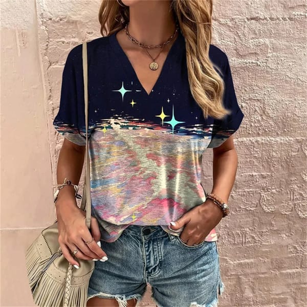 Fashion Characters Top Tee V-Neck Oversized Female ClothingRetro Summer 3d TShirt Harajuku Casual Short Sleeve Women's T-Shirts