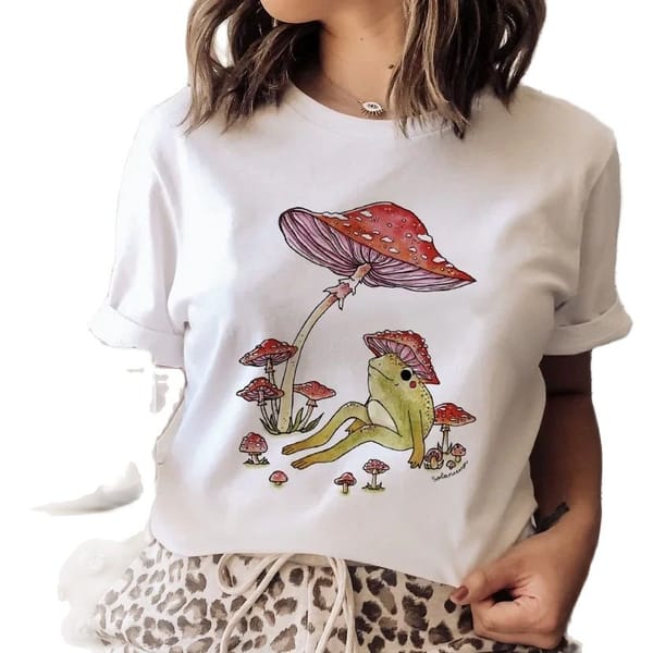 Can Print Frog Mushroom Short Sleeve Printed Women's T-shirt Harajuku Top European and American Fashion Oversized T Shirt Tops