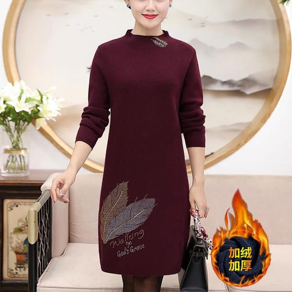 2023 Winter Women's New Fashionable Solid Color Half High Collar Printed Long Sleeve Loose Comfortable and Elegant Knitted Dress