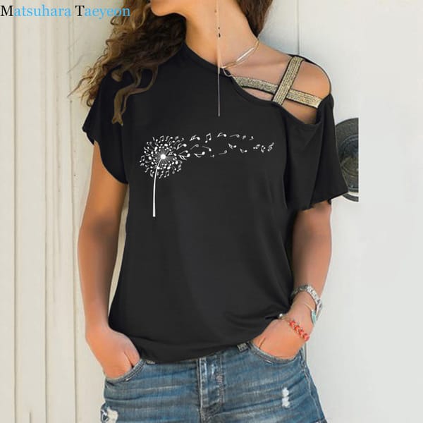 Women Tshirt Dandelion Music Notes Creative Print Irregular Skew Cross Bandage T-shirt Casual Women's Clothing
