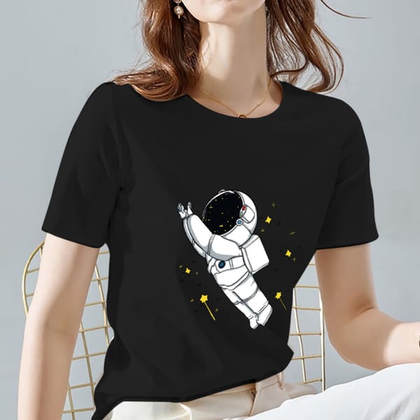 Basic Women's T-shirt Casual Slim Commuter Street Dream Astronaut Graphic Print O-Neck Ladies Black Short Sleeve Top T-shirt
