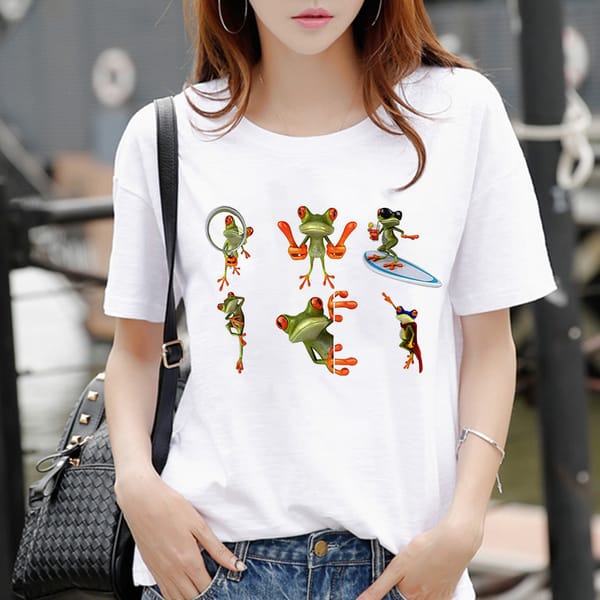 Frog Print Woman Tshirts Women's New Summer Harajuku Fun Cute Animal Pattern T Shirt Female Tops Casual Short Sleeve T-shirt