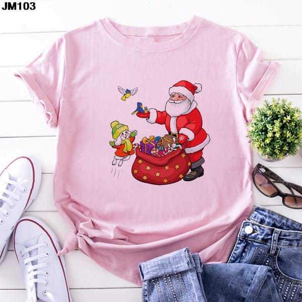 Kawaii Sika Deer Santa Print Woman T-shirt Four Seasons Casual Female Clothing Tshirt Harajuku Fashion Christmas Women's T Shirt