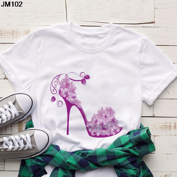 Summer Fashion Women's High Heels Printing T-shirt Harajuku Casual Short-sleeved Woman Tops T Shirt White Female Clothing Tshirt