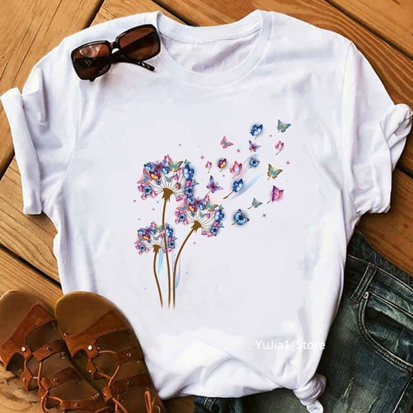 Watercolor Dandelion Butterfly Print T-Shirt Women'S Clothing Funny Tshirt Femme Summer Fashion Tops Tee Shirt Female Wholesale