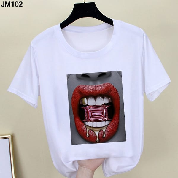 Harajuku Women's Print Tshirt Casual T Shirt Fashion Graphic T-shirt Woman Clothing Lips Makeup Art Summer Tops Cute Female Tee