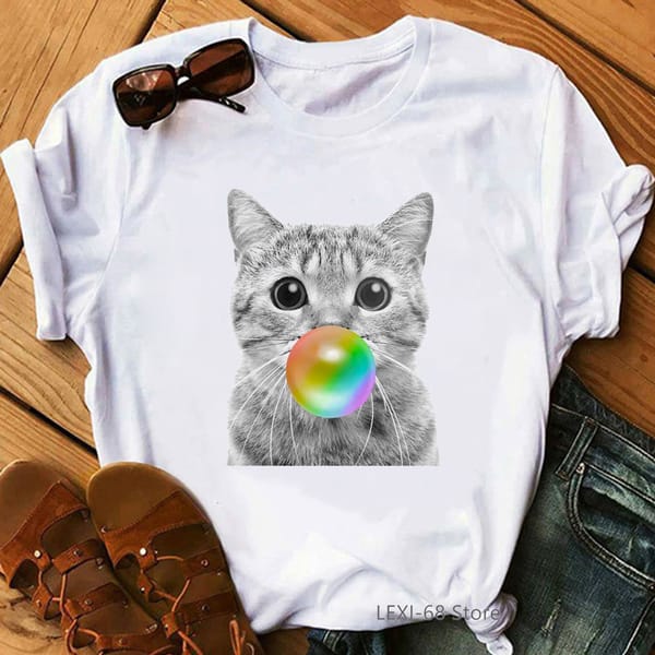 Rainbow Bubble Cat dog Print Tshirts Women'S Clothing Funny White T Shirt Femme Harajuku Kawaii Clothes Summer Tops Tee Shirt