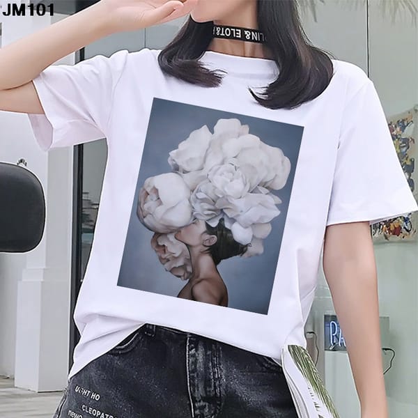 New Summer Harajuku Women's Aesthetics Tshirt Sexy Flowers Feather Printed T-shirt Fashion Short Sleeve Top White Casual T Shirt