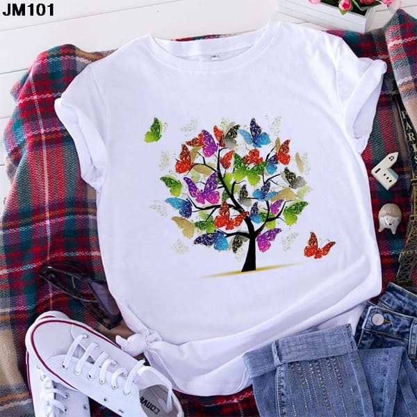 New Women's Butterfly Tree Printed T-shirt Harajuku Casual White Short-sleeved T Shirt Fashion Summer Top Female Tshirt Clothing