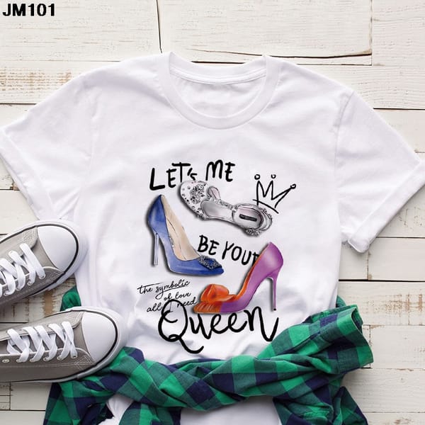 Fashionable Queen High Heels Printing Tshirt Harajuku Women's Short-sleeved T Shirt Female Tops Streetwear O-neck White T-shirt