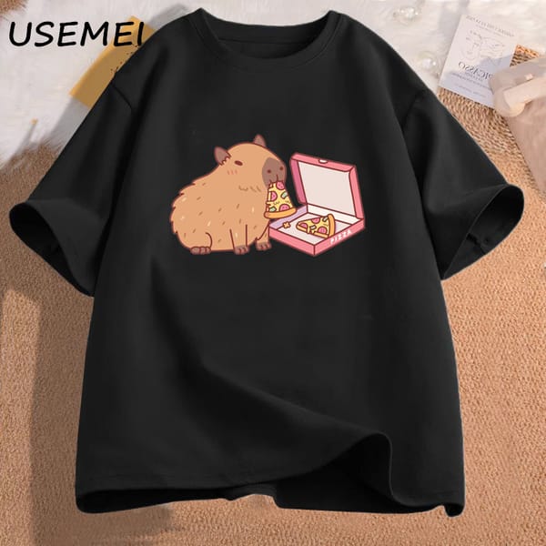 Cute Capybara Eating Pizza T Shirt Women Cute Graphic Print Tees Women's Tee Shirt Cotton Short Sleeve Woman Clothing T-shirs
