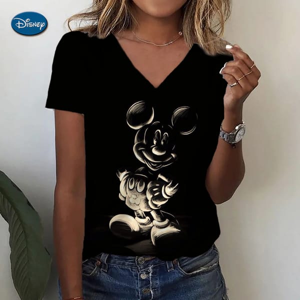 Women V-neck T-shirt Disney Minnie Mickey Mouse Print Fashion Y2k Streetwear Summer Short Sleeve Women's Oversized Tshirt