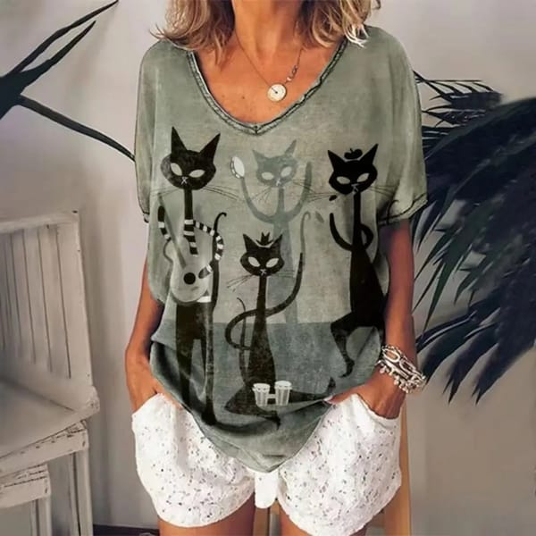 Retro women's T-shirt Anime Cat graphic girls Summer V-neck short-sleeved T-shirt Harajuku Streetwear oversized women's shirt