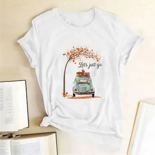 Women's T-Shirt Letter & Car Print T-Shirt Fashion Graphic Outfits Print Tee-shirt for Girls Short Sleeve 01336
