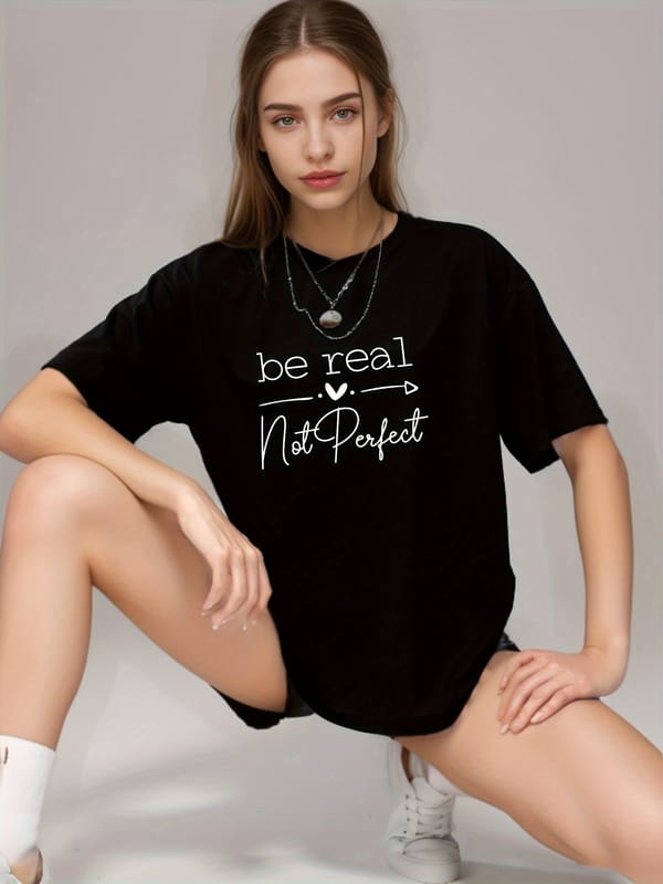 Women's Solid Color Letter Print Casual T Shirt - Crew Neck Short Sleeve Sports Top