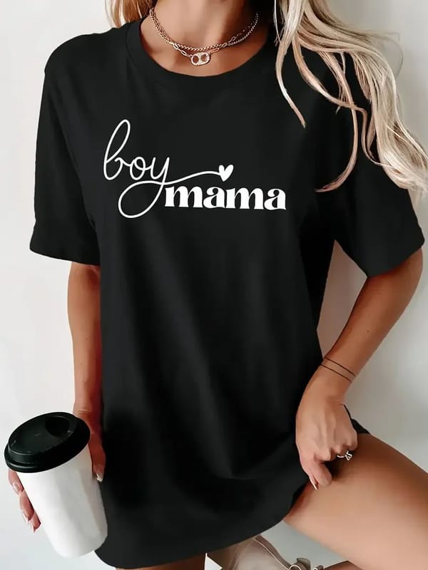 Boy Mom Letter heart Print T-shirt Fun Cute Street Retro Women's T-shirt Fashion Casual Summer Top 2024 New Harajuku Kawaii
