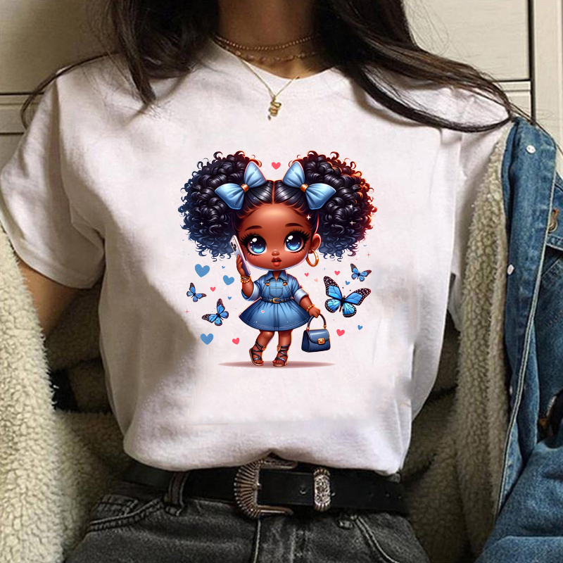 Cartoon Cute Little Girl Printed T-Shirt Women's Blue Butterfly Pattern Shirt Summer Fashion Women's T-Shirt Tops