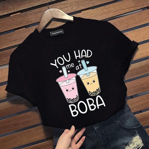 New Funny Boba Pattern Print T-shirt Women's Casual Cute Outdoor Comfortable Round Neck T-shirt Tops