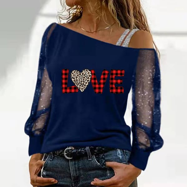 Women's diagonal collar mesh off the shoulder t-shirt with a straight line collar and a loose and versatile base shirt exuding