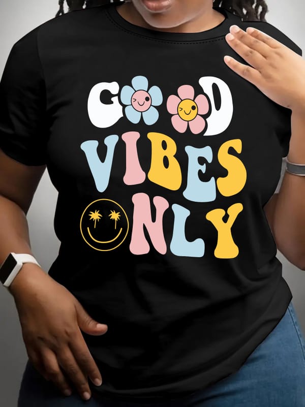 Cute Cartoon Letter & Floral Print Crewneck T-shirt - Women's Casual Summer Top